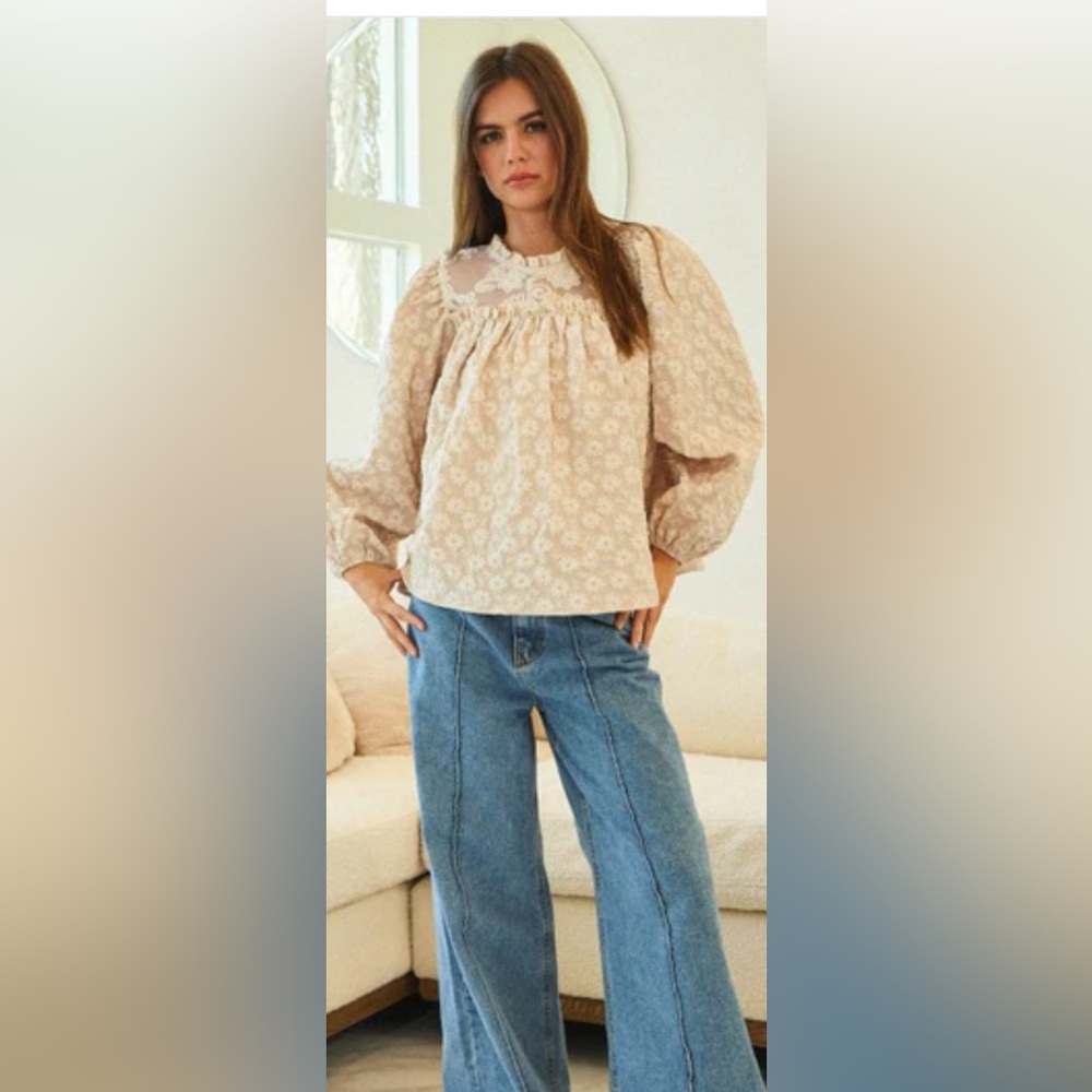 Lovlov Jacquard Floral Lace Mesh Blouse NWT